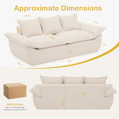 69" Boneless Couch, 3-Seater Oversized Boneless Loveseat Sofa with Removable Cushions & 3 Pillows, Deep Seat Compress Foam Sofa for Living Room, Apartments, & Office - color: Beige, size: 3 Seater (69")