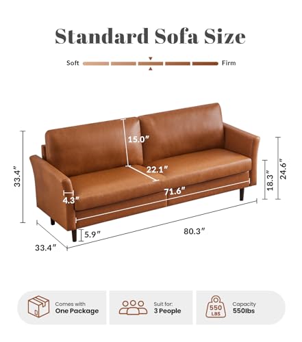 80" Faux Leather Sofa Couch, Mid Century Modern Leather Couch with Rolled Arms and Deep Seats, Brown Leather Sofa for Living Room, 3-Seater Couch for Apartment, Office and Bedroom, Dark Brown - color: Dark Brown, size: Standard