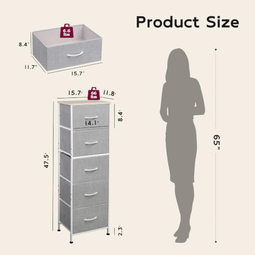 WLIVE Tall Dresser for Bedroom, 5 Drawer Dresser, Light Grey | 5 vertical fabric drawers, Tall vertical design, Bedroom or closet use, Dresser for small spaces, Chest of drawers - color: Light Grey