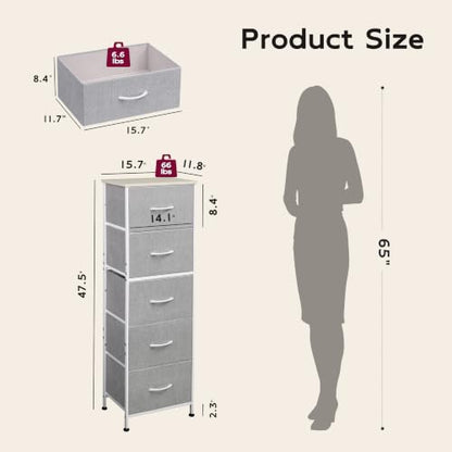 WLIVE Tall Dresser for Bedroom, 5 Drawer Dresser, Light Grey | 5 vertical fabric drawers, Tall vertical design, Bedroom or closet use, Dresser for small spaces, Chest of drawers - color: Light Grey