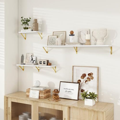 Dreamland Wall Mounted Floating Shelves Set of 2, 55x8, White&Gold | Engineered Wood, Visible Bracket, Large Storage, Hold Up to 80lbs, Living Room, Bathroom, Bedroom, Kitchen - color: White&gold, size: 55"W x 8"D