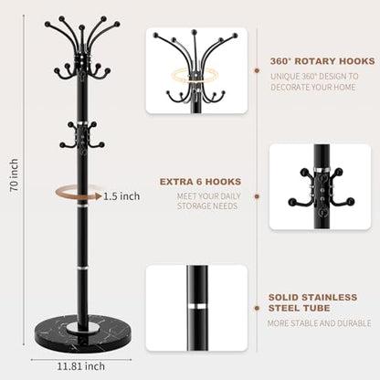 Coat Rack Stand 360°Rotary Coat Rack Freestanding with 16 Hooks | Modern Metal Coat Rack with Natural Marble Base,Coat Hanger Stand, Black Coat Hall Clothes Tree for Hallway,Entryway,Office - color: Black-16Hooks