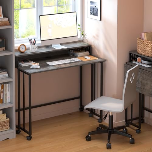 Gezen 31.5" Folding Desk with Storage Shelf, Small Rolling Desk, Dark Grey | Mobile Sofa Side Table for Home Office Small Space, with Lockable Wheels, Double Cable Management Hole, Portable - color: Dark Grey, size: 31 inches