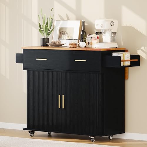 DHH Rolling Kitchen Island with Drop Leaf Countertop&Ample Storage - 39.4" Small Mobile Kitchen Cart On Wheels with Sliding Door,Drawers,Spice Rack & 2-Tier Storage(Black) - color: Black