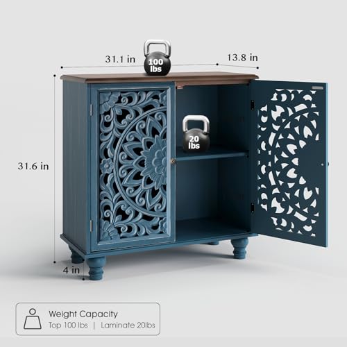 Jiansu furni Sideboard Buffet Cabinet with Storage, 31.6" High Accent Cabinet with 2 Carved Doors, Sturdy Storage Organizer with Solid Wood Bun Feet for Kitchen Coffee Bar, Blue & Walnut - color: Blue & Walnut_2 Doors