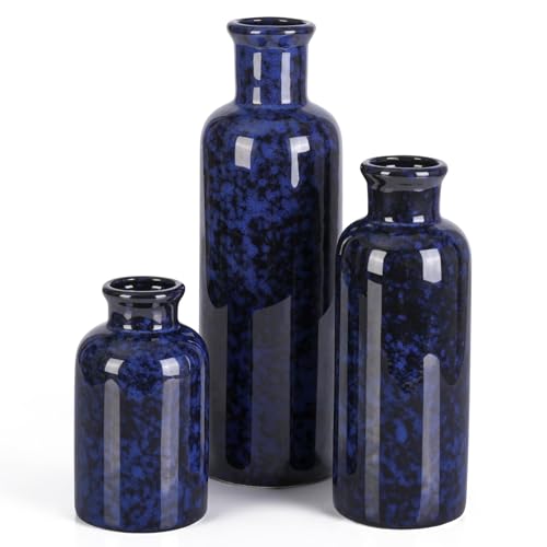 Small Blue Ceramic Vase Set of 3, Boho Modern Flower Vase Room Decor, Farmhouse Decor, Vases for Your Kitchen, Bathroom, Bedroom, Living Room, Office&Shelf Centerpiece Table Decorations - color: Blue