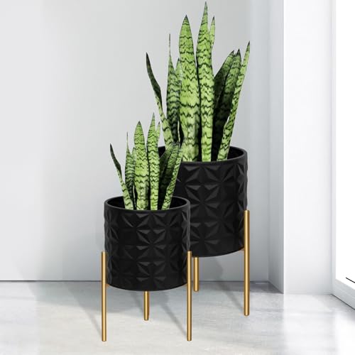 ARNIS Modern Planter Pots, Set of 2 Large Planters with Stand, Decorative Planters, Metal Pots with Drainage Holes for Living Room, Office, Garden or Balcony, 8.25 &10.5 Inch, Matte Black - color: Frosted Black, size: 8.25 &10.5