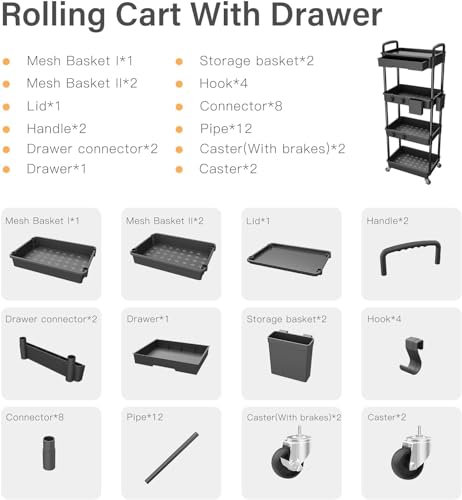 Sorgion 4 Tier Rolling Cart Organizer,Art Craft Diaper Bedside Snack Laundry Room Bathroom Organizer Narrow Thin Slim Rolling Trolley Utility Cart with Wheels for Kitchen,Office(Black) - size: 4Tier-Black