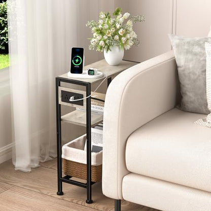 Small Narrow Side Table with Charging Station, Skinny End Table for Small Spaces, Slim Nightstand with Outlets, Sofa Bedside Table in Living Room, Bedroom, Kitchen and Balcony (Greige) - color: Greige