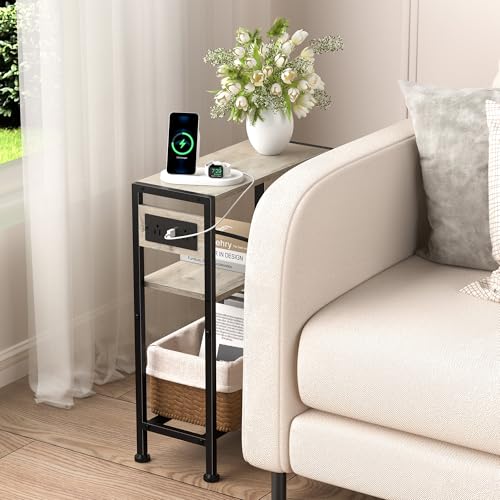 Small Narrow Side Table with Charging Station, Skinny End Table for Small Spaces, Slim Nightstand with Outlets, Sofa Bedside Table in Living Room, Bedroom, Kitchen and Balcony (Greige) - color: Greige
