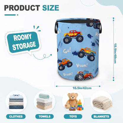 Blue Truck Collapsible Laundry Hamper,Racing Theme Waterproof Oxford Cloth Clothes Basket with Handles for Bathroom Bedroom Nursery Dorm Room,16" x 20" - color: Blue Truck,Racing Theme