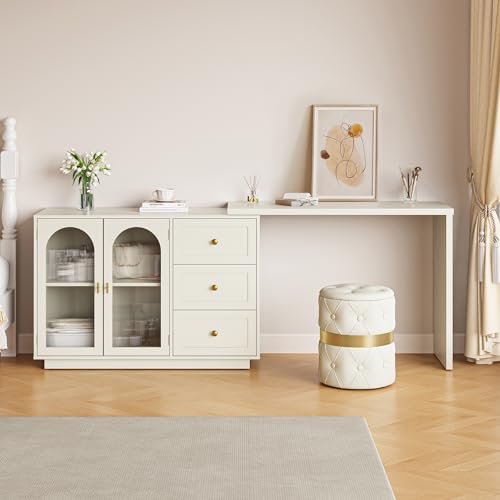 FansaFurn 83" L-Shaped Vanity Desk for Bedroom | 3 Drawer & 2 Door, Rotatable Tabletop, Oversized Makeup Table for Women Girls, Wood Dresser for Apartment, Home Office, White - color: White, size: 83”