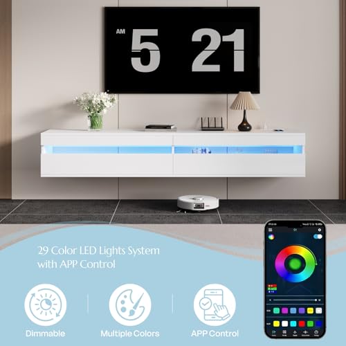 Solid Wood Floating TV Stand-Wall Mounted TV Shelf with Led Lights & Power Outlet, 71" Modern Entertainment Center Media Console with Storage, High Gloss TV Cabinet for 65/75/80 inch TV,White - color: Snow White