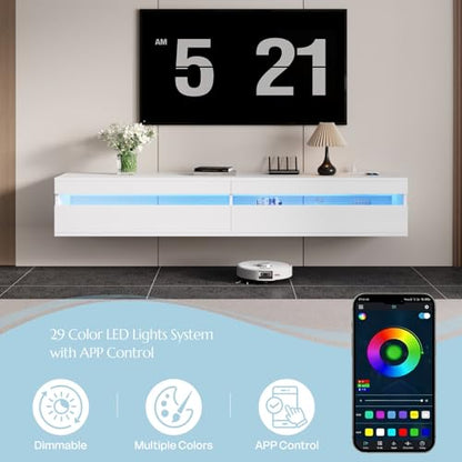 Solid Wood Floating TV Stand-Wall Mounted TV Shelf with Led Lights & Power Outlet, 71" Modern Entertainment Center Media Console with Storage, High Gloss TV Cabinet for 65/75/80 inch TV,White - color: Snow White