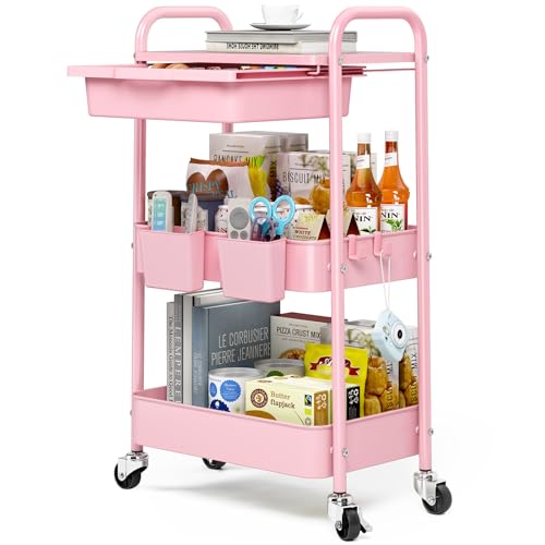 KINGRACK 3 Tier Metal Rolling Cart with Drawer, Pink Utility Storage Cart | 2 Cups & 4 Hooks, Lockable Wheels, Trolley Organizer for Bathroom, Kitchen, Office, Nursery, Dorm, Laundry, Craft Room - color: Pink