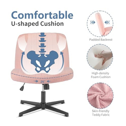 DUMOS Criss Cross Chair No Wheels, Cross Legged Office Desk Armless Vanity Chiar Wide Seat, Height Adjustable Swivel Computer Task Chairs for Home Bedroom, Pink Teddy - color: Pink Teddy