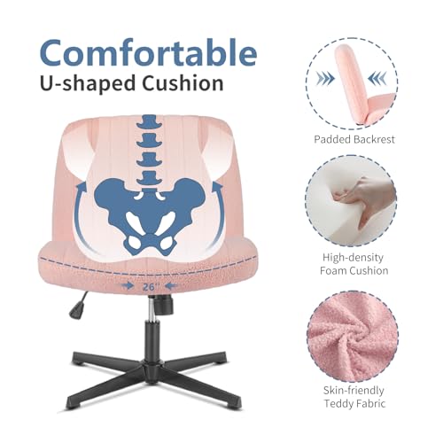 DUMOS Criss Cross Chair, Cross Legged Vanity Chair No Wheels, Office Desk | Armless Wide Seat, Height Adjustable Swivel, Computer Task, Teddy Fleece, for Home Bedroom Study, Pink Teddy - color: Pink Teddy