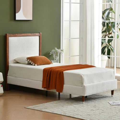 YUHUASHI Twin Upholstered Platform Bed Frame with Solid Wood Trim Headboard, Linen Fabric Upholstery, Sturdy Slat Support No Box Spring Needed, Easy Assembly (Cream, Twin) - color: Cream, size: Twin
