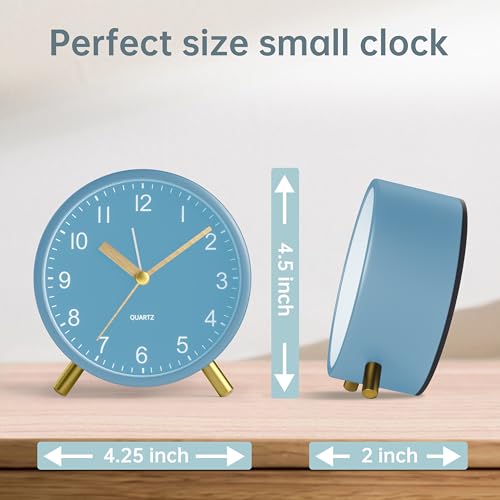 JALL Analog Alarm Clock, 4 inch Super Silent Non Ticking Small Clock with Night Light, Battery Operated, Simple Design, Easy Setting for Office, Bedroom, Bedside, Desk, Teens, Elders, Adult, SkyBlue - color: Skyblue+gold