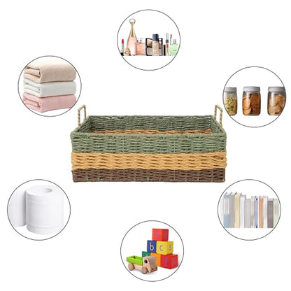 Handmade Rectangle Woven Paper Rope Storage Basket with Iron Frame,Basket with handles for Home Decor, Shelf & Desktop Organizing (Mix green yellow brown)