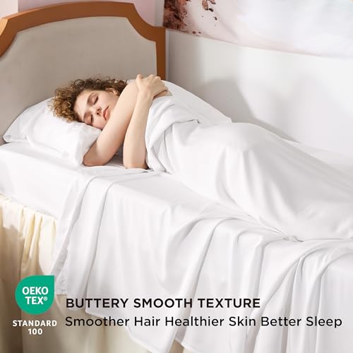 Bedsure PureWoven 100% Rayon Derived from Bamboo, Twin XL Sheets, 3 Pieces | Cooling Sheets for Hot Sleepers, Breathable & Silky Soft, 16" Deep Pocket, Hotel Luxury Bedding, White - color: 02 - White, size: Twin XL