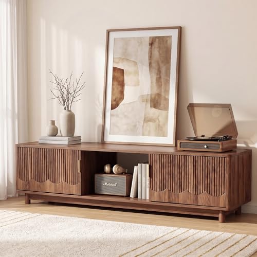 FurSch 62.2" Mid-Century Modern Fluted TV Stand, Walnut | Low Profile, 3D Slatted & Waved Design Panel, For Living Room Bedroom - color: Walnut