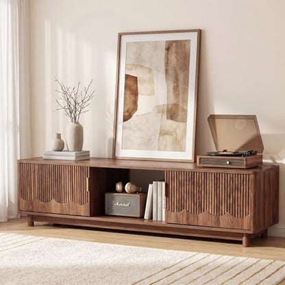 FurSch 62.2" Mid-Century Modern Fluted TV Stand, Walnut | Low Profile, 3D Slatted & Waved Design Panel, For Living Room Bedroom - color: Walnut
