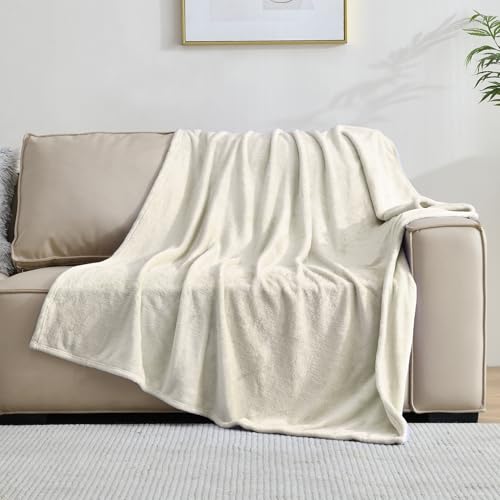 Flannel Fleece Blanket Throw Size, Linen, 50x60 inches | All Season Lightweight Super Soft Cozy Blanket for Bed or Couch - color: Linen, size: 50"×60"