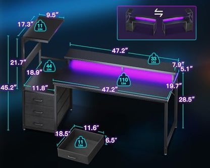 AODK Gaming Desk w/PC Showcase Stand, 59" Reversible, RGB LED, Black | Elevated stand fits Lian Li O11, Hyte Y60. Triple drawers hide cables, controllers, clutter - color: Black, size: 59 Inches