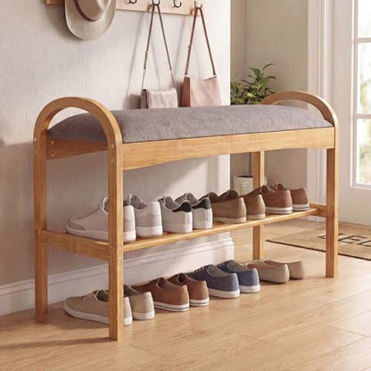 GOFLAME Bamboo Shoe Rack Bench, 2-Tier Entryway Bench with Padded Seat Cushion and Storage Shelf, Shoe Rack Organizer for Hallway, Bedroom, Living Room - style: Without Storage
