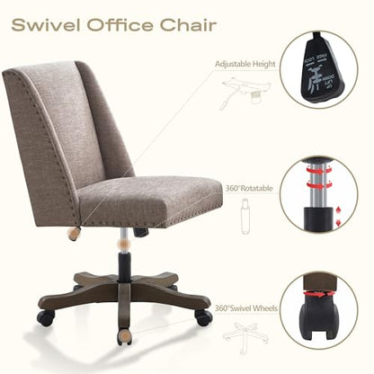 Upholstered Armless Office Chair Fabric Swivel Home Desk Chair with Wheels | Modern Comfy Boho Office Chair with Wooden Legs Adjustable Desk Chair no Arms for Sewing Women Farmhouse Study Studio Brown - color: Brown