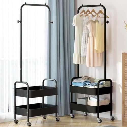 Freestanding Rack For Hanging Clothes With Shoe Storage - 26.37”W x 11.81”L x 62.59”H Heavy Duty Metal Clothes Rack On Wheels, Closet Organizer Shelves For Garment Hanging Hat, Coats (Black) - color: Black