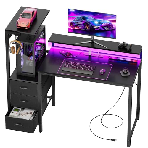 HLDIRECT 44 Inch Gaming Desk with Power Outlets & LED Lights, Black | Reversible gaming computer desk with built-in monitor stand, 3 fabric drawers & 4 side hooks, 2 AC outlets & 3 USB ports - color: Black, size: 44 inch