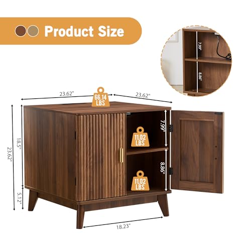 Fluted End Table with Charging Station, 2 Door Side Table with Storage, Mid Century Modern Nightstand for Bedroom Bedside, Living Room Couch Sofa, Office, Desk Side Table for Small Spaces-Walnut - color: Square-walnut