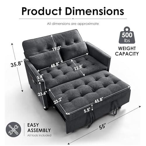 Dreamzie 55'' 3 in 1 Convertible Sofa Bed with USB Charging Ports, Pull Out Couch with Adjustable Backrest and Side Pockets, Sleeper Sofa for Living Room, Apartment, RV, Easy Assembly - Dark Grey - color: Dark Grey