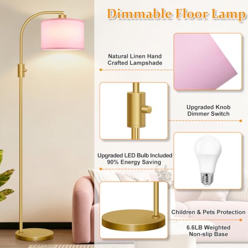 Nintiue Dimmable Floor Lamp, 1200 Lumens LED Edison Bulb Included, Arc Gold Floor Lamps for Living Room Modern Standing Lamp with Pink Linen Shade - color: Gold-Pink Shade