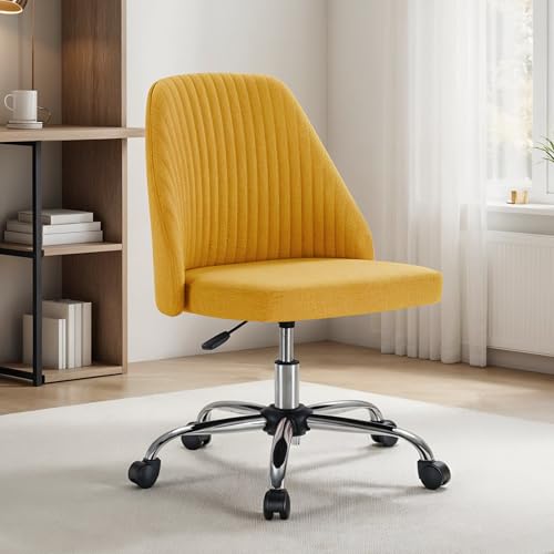 Simple Deluxe Armless Office Desk Chair, Modern Cute Swivel Vanity Chair Comfy Home Office Chairs with Wheels Height Adjustable Rolling Computer Task Stools for Living Room, Make-up, Bedroom, Yellow - color: Yellow