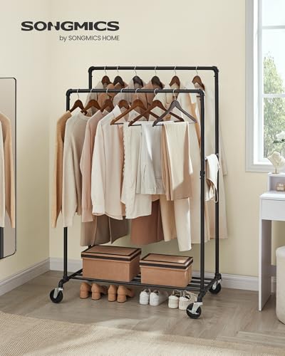 SONGMICS Heavy-Duty Clothes Rack, Double-Rod Clothing Rack for Hanging Clothes, Industrial Garment Rack on Wheels, Metal Frame, 2 Casters with Brakes, Commercial Display, Black UHSR60B | Industrial Garment Rack for Hanging Clothes, 2 Casters with Brakes,