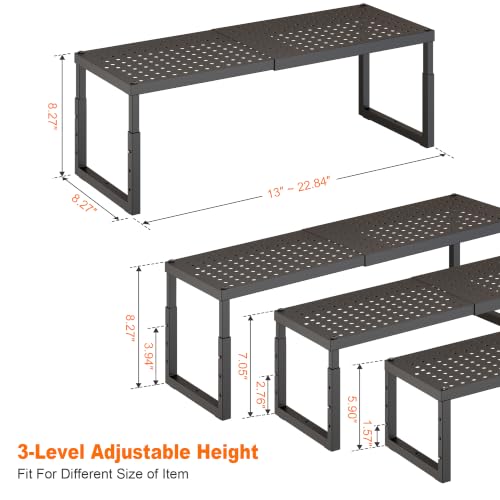 Shelf Organizer Riser For Cabinet Pantry Kitchen Countertop Cupbaord Closet | Expandable Width, Adjustable Height, Stackable As 2-Tier Shelf Rack, Snap-Button: Easily Adjust Height, Heavy Duty Metal - color: Black-1 Pack
