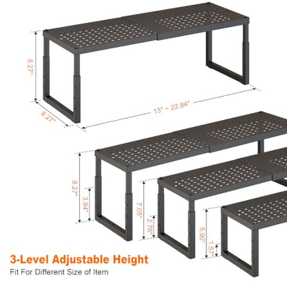 Shelf Organizer Riser For Cabinet Pantry Kitchen Countertop Cupbaord Closet | Expandable Width, Adjustable Height, Stackable As 2-Tier Shelf Rack, Snap-Button: Easily Adjust Height, Heavy Duty Metal - color: Black-1 Pack