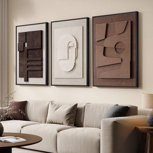 3D Textured Framed Brown and White Abstract Wall Art Set, 3 Piece 16x24 In | Solid wood frames, sculptural relief details, deep brown and ivory tones, ready to display in bedroom living room and dining - color: Brown White, size: 16"w X 24"h X 3pcs