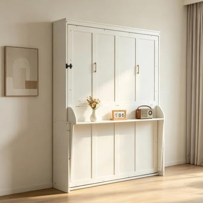 SOFTSEA Queen Size Murphy Wall Bed Frame with Desk, White | Space-Saving Hidden Wall Bed with Desk, Gas Struts, Vertical Murphy Bed Cabinet for Guest Room Home Office - color: White Black