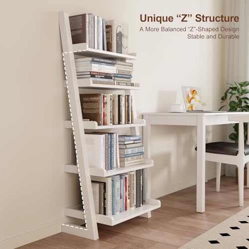 AQIMUELE White Wooden Ladder Shelf with Edges, 5-Tier Modern Leaning Bookshelf Ladder – Stylish Space-Saving Bookcase for Living Room, Bedroom & Home Office - color: White