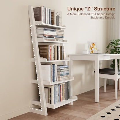 AQIMUELE White Wooden Ladder Shelf with Edges, 5-Tier Modern Leaning Bookshelf Ladder – Stylish Space-Saving Bookcase for Living Room, Bedroom & Home Office - color: White