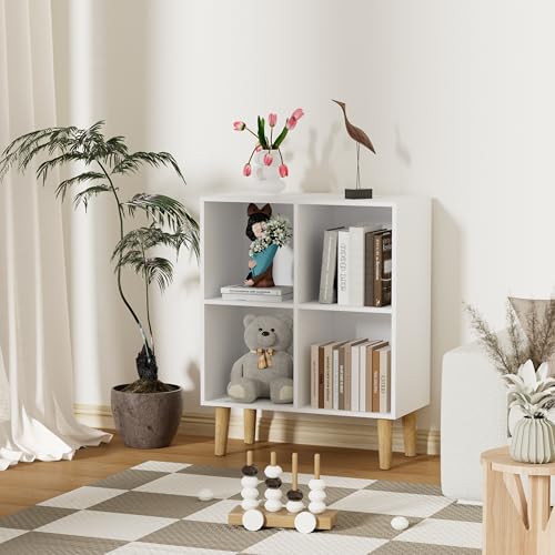 4 Cube Bookcase, Wooden Book Shelf Cube Storage Organizer with Legs, 2 Tier Bookshelf Freestanding Open Shelves for Living Room, Bedroom, Home Office (White, 4 Cube) - color: White, size: 4 Cube