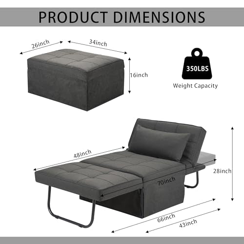 Sofa Bed, Set of 4 in 1 Multi-Function Folding Ottoman Breathable Linen Couch Bed with Adjustable Backrest Modern Convertible Chair for Living Room Apartment Office, Dark Grey - color: Dark Grey