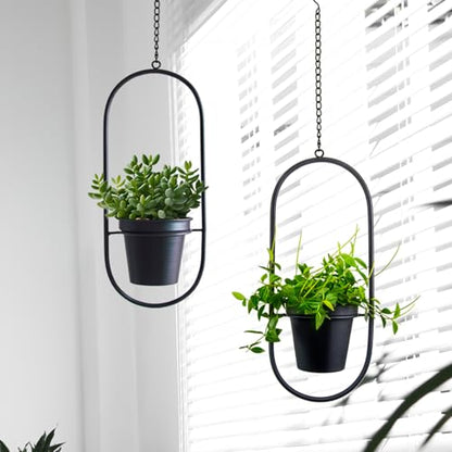 Modern Metal Hanging Planters with 5 Inch Pots - Set of 2 Oval Geometric Plant Hangers - Black Wall and Ceiling Mount Flower Holders for Indoor and Covered Outdoor Houseplants - size: OVAL-5 INCH POT