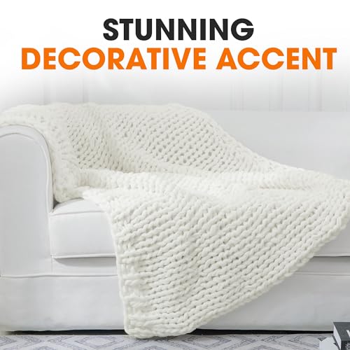 Cheer Collection Chunky Knit Blanket - Throw Blankets for Bed & Couch, Cozy Chunky Knit Throw Blanket, Ultra-Soft Oversized Knitted Blanket, Machine Washable Knit Throw Blanket- 50''x60'', Off White - color: Off White