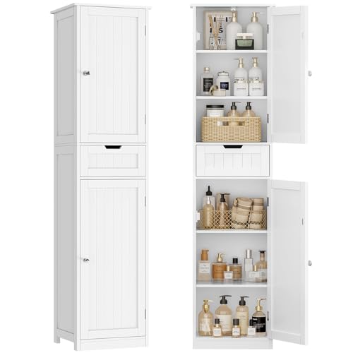67" H Tall Bathroom Cabinet with 2 Doors & 1 Drawer, Narrow Bathroom Storage Cabinet with Adjustable Shelves, for Living Room, Entryway, Kitchen, White - color: White