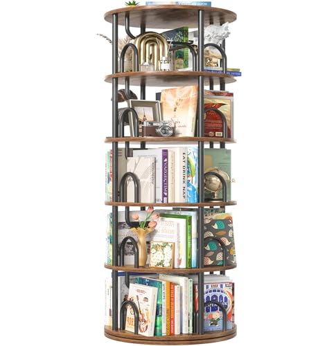 Aheaplus 5 Tier Rotating Bookshelf Tower, 360 Display Spinning Bookcase, Revolving Round Book Shelf Narrow Swivel Bookshelf, Vertical Turning Corner Book Organizer for Small Space, Rustic Brown - color: Rustic Brown, size: 5 Tier, 63" H